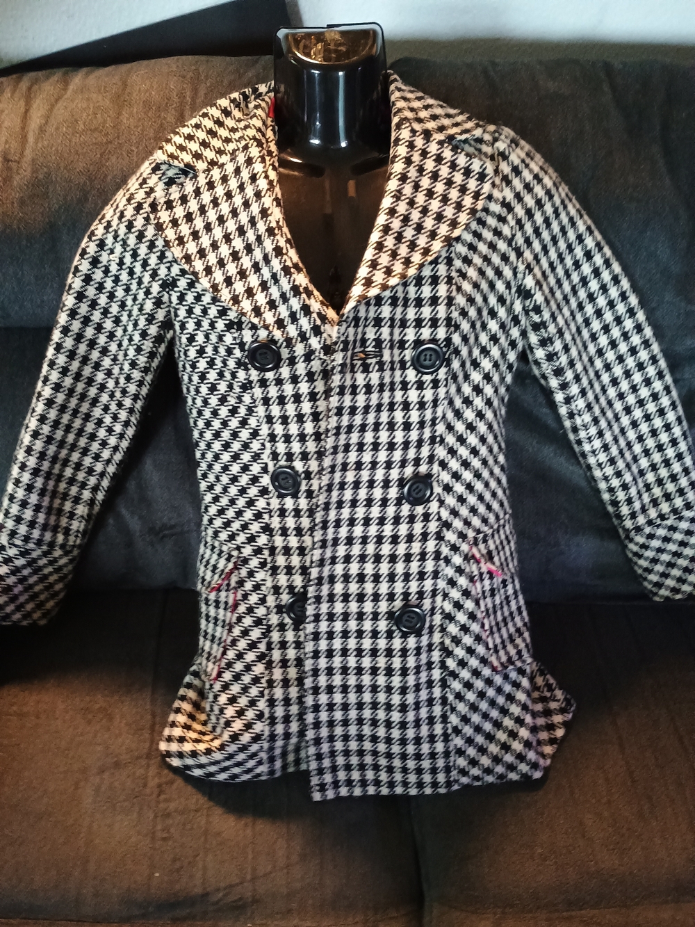 Forever 21 Women’s Small Houndstooth Peacoat Black White Hot Pink Lined Jacket